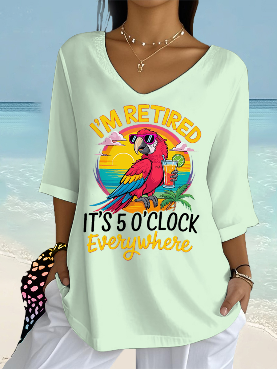 Women's I'm Retired It's 5 O'clock Everywhere Parrot Print Casual Half-Sleeve Top