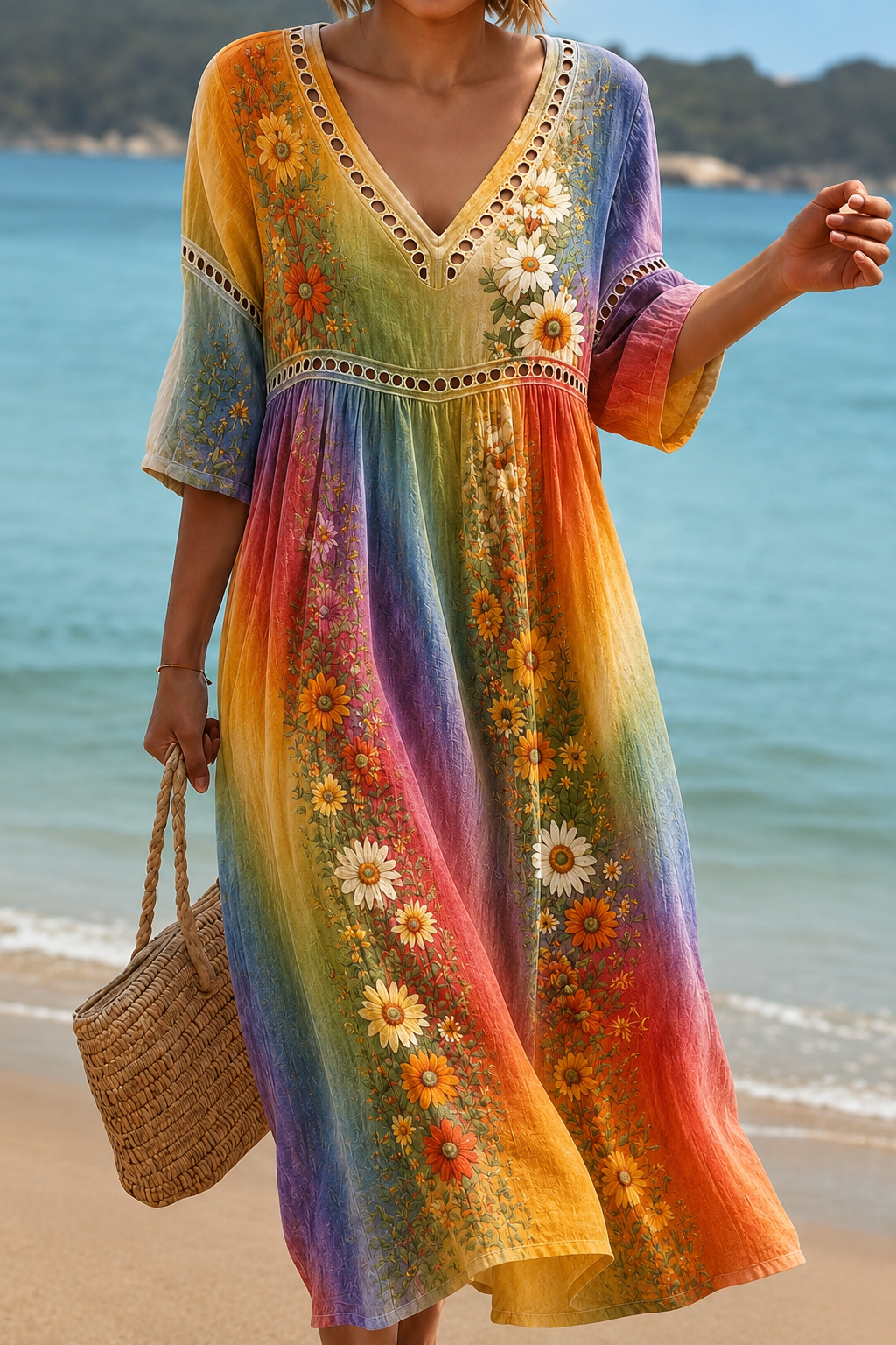 Women's Vacation Linen Boho Foral Print V-Neck Short Sleeve Maxi Dress
