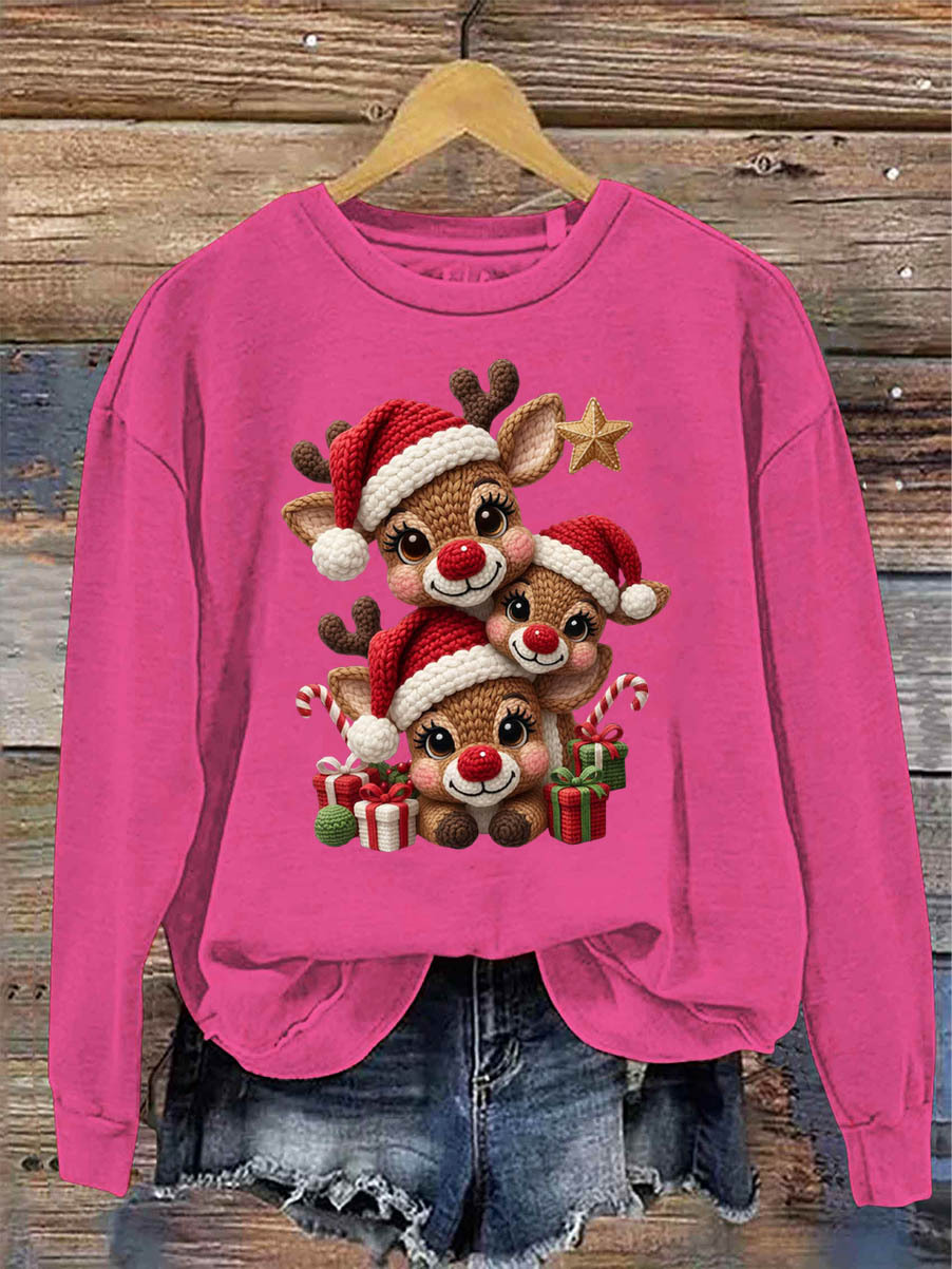Women's Christmas Elks 3D Knitting Crochet Pattern Neck Sweatshirt