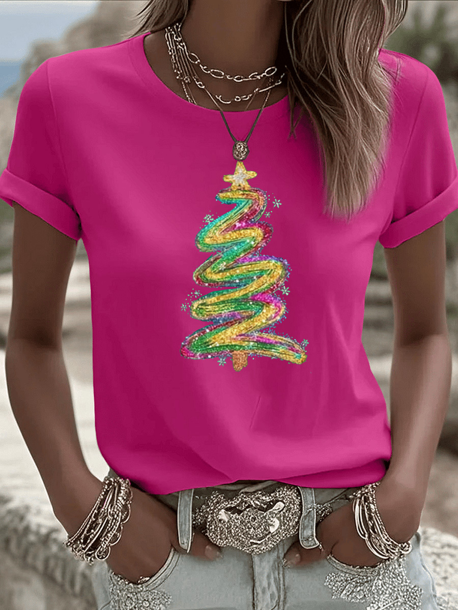 Christmas Tree Pattern  Round-Neck 100% Cotton 180g T-Shirt