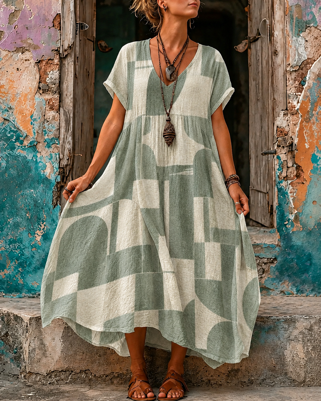 Casual Vacation Retro Geometric Print Maxi Dress