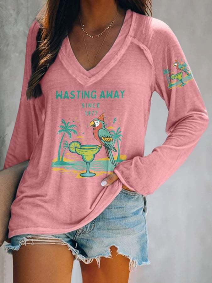 V-neck Retro Parrot Margarita Wasting Away Since 1977 Print T-Shirt