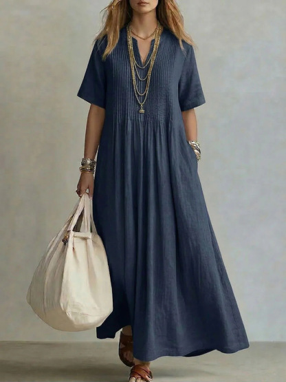 Women'S V-Neck Short-Sleeved Pleated Cotton-Linen Dress