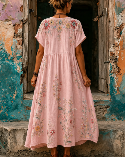 Women's Vacation Linen Boho Floral Print V-Neck Short Sleeve Maxi Dress