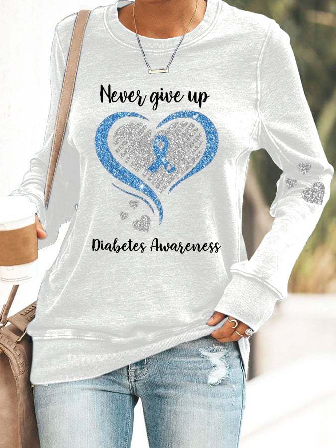 Women's Diabetes Awareness Never Give Up Print Casual Sweatshirt