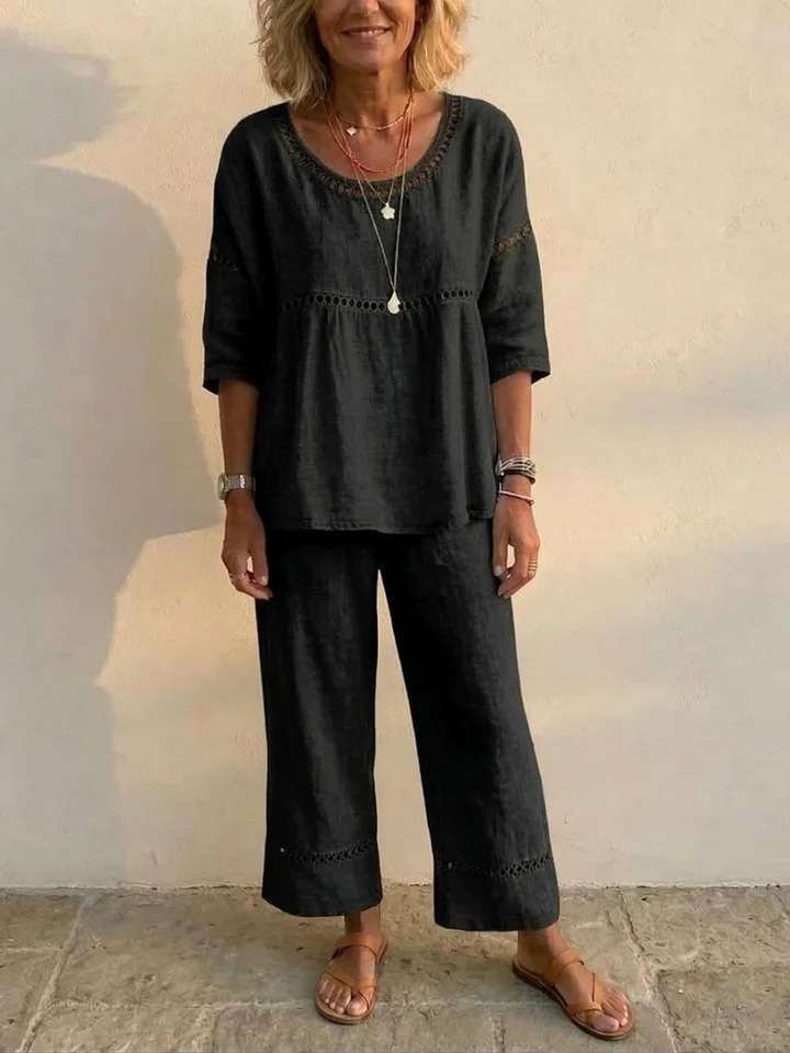 Women's Vintage Eyelet Casual Loose-Fit Linen Linen Two-Piece Set