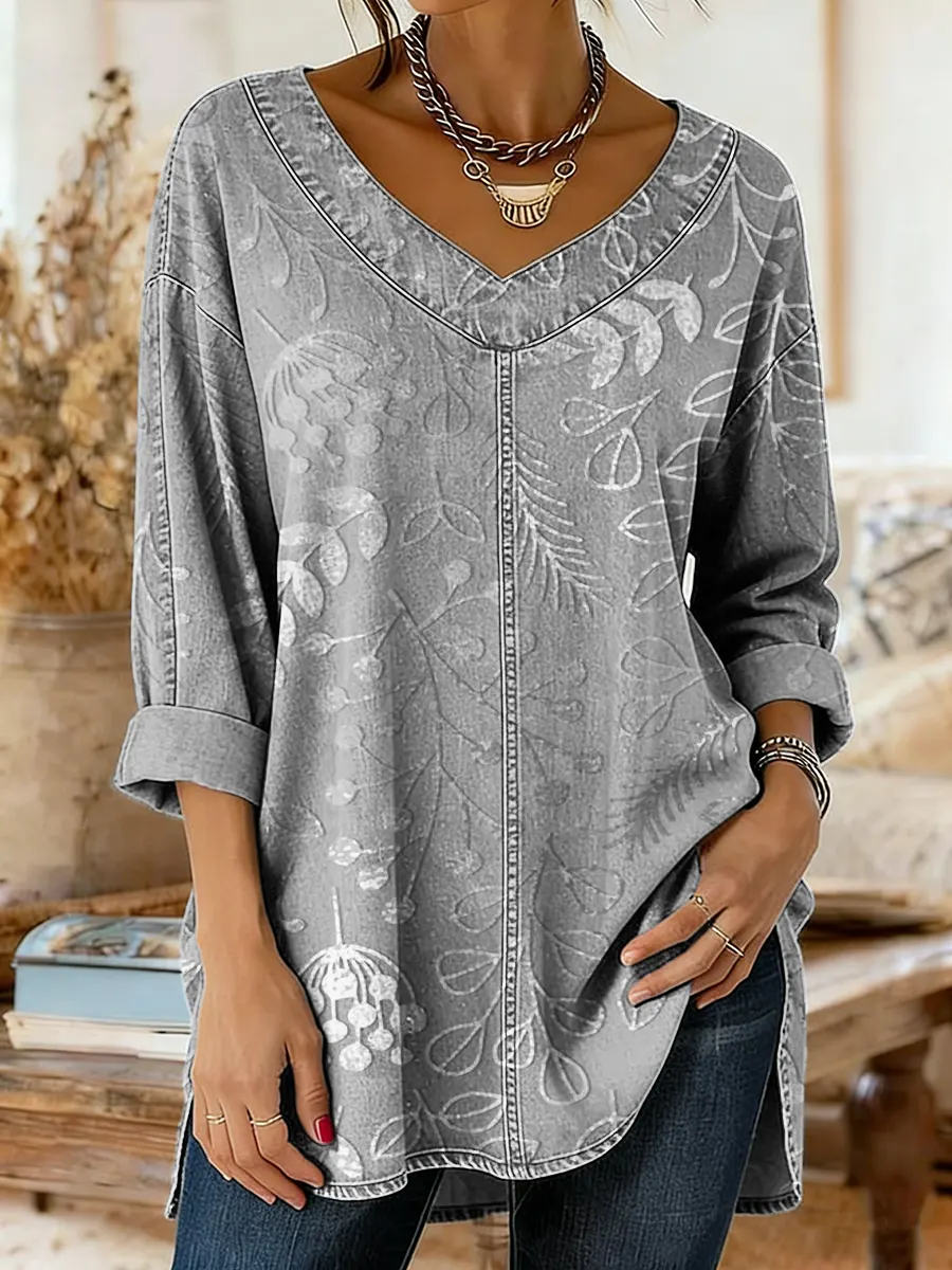 Women's Floral Art Print Casual Washed Denim Cotton Top
