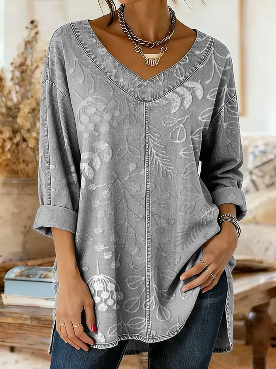 Women's Floral Art Print Casual Washed Denim Cotton Top