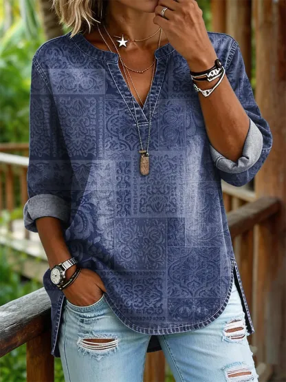 Women's Retro Ethnic Art Print Casual Long-sleeved V-neck Washed Cotton Denim Top