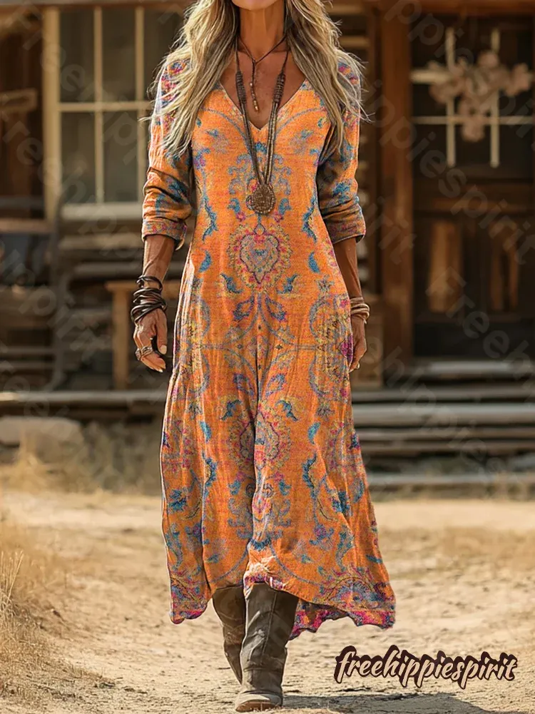 Women's Vintage Ethnic Floral Print Artistic Pocket Cotton Dress