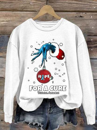 Women's Christmas Hope For A Cure Diabetes Awareness Print Long Sleeve Sweatshirt