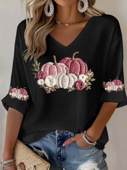 Women's Casual Pink Pumpkin Waffle T-Shirt