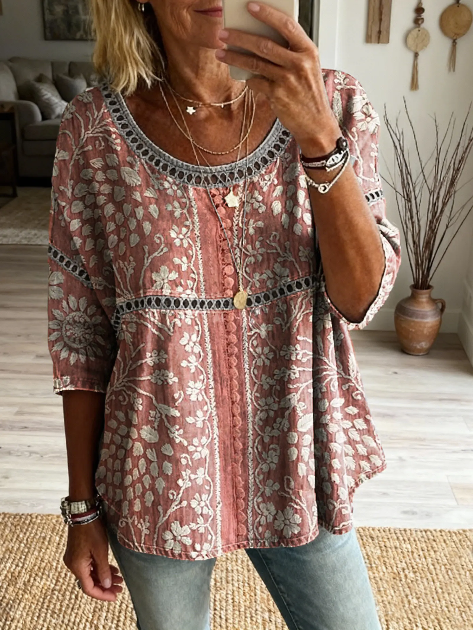 Women's Vintage Pink Floral Art Print Casual Round Neck Cutout Top