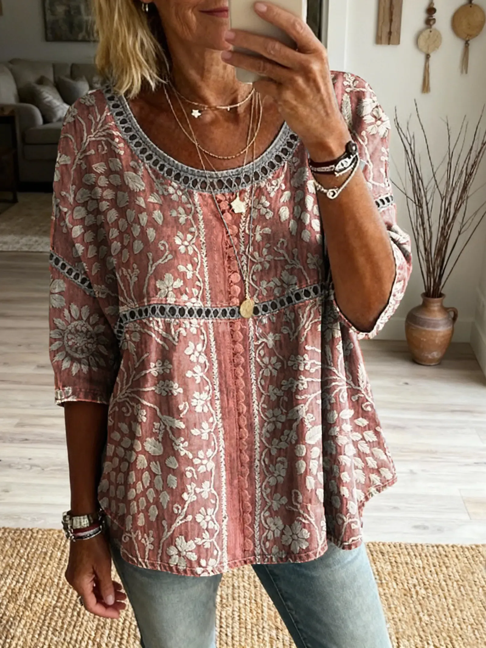 Women's Vintage Pink Floral Art Print Casual Round Neck Cutout Top