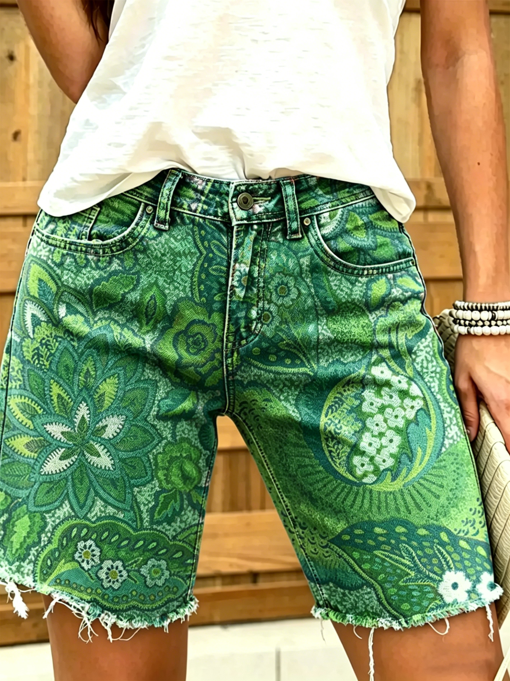Women's Colorful Ethnic Flowers Print Denim Bermuda Shorts