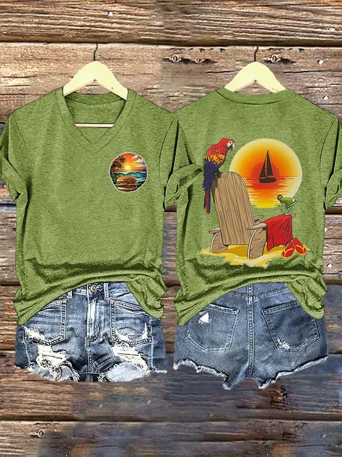V Neck Retro Vacation Cheeseburger Paradise Parrot Margarita Print T-Shirt