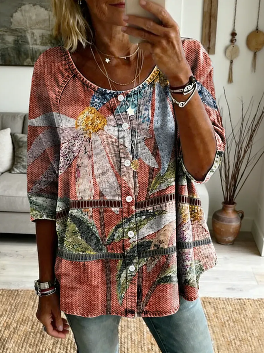 Ethnicity Bohemian Patchwork Flowers Women's Art Print Casual Long-sleeve V-neck Washed Cotton Denim Top