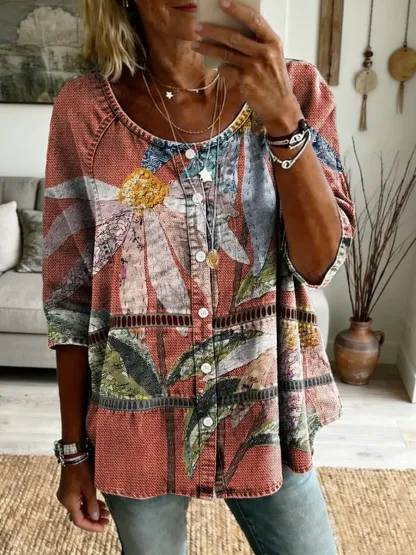 Ethnicity Bohemian Patchwork Flowers Women's Art Print Casual Long-sleeve V-neck Washed Cotton Denim Top