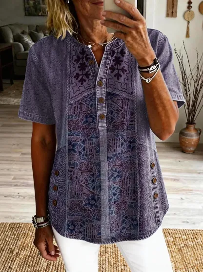 Women's Vintage Ethnic Pattern Art Print Casual Short-sleeve Washed Cotton Denim Shirt