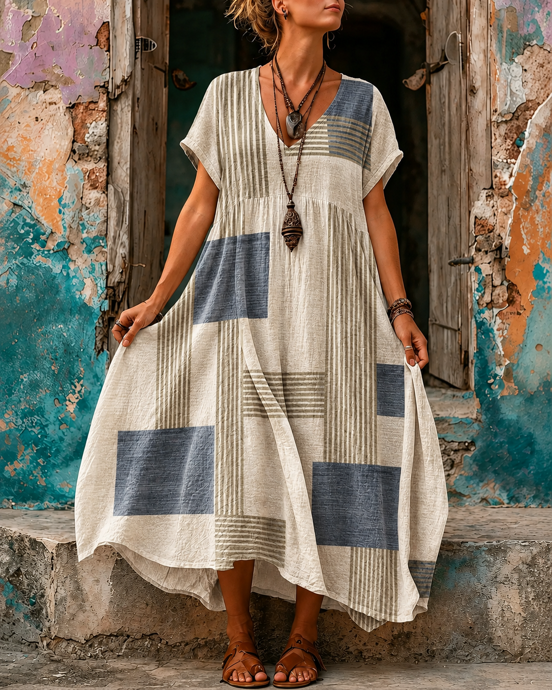 Casual Vacation Retro Geometric Print Maxi Dress