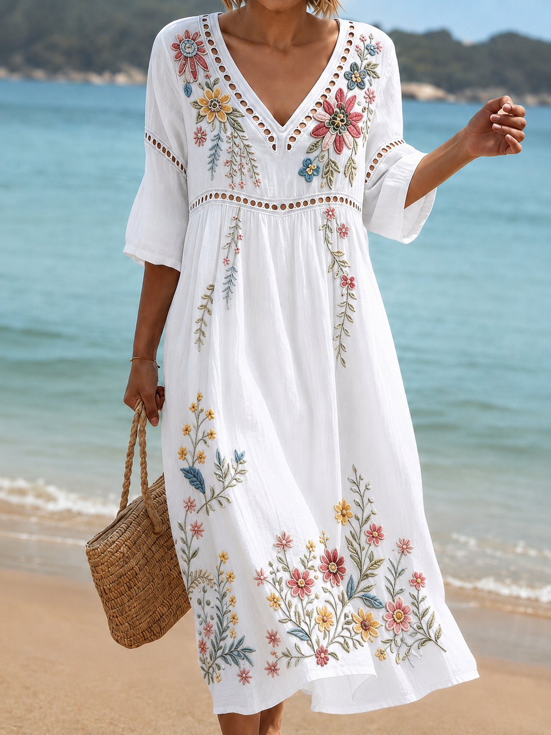 Women's Vacation Linen Boho Floral Print V-Neck Short Sleeve Maxi Dress