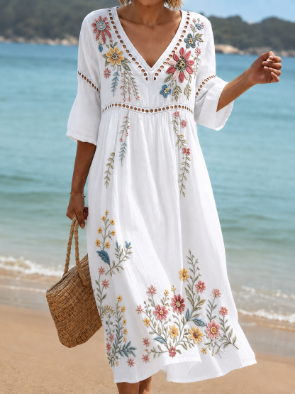 Women's Vacation Linen Boho Floral Print V-Neck Short Sleeve Maxi Dress
