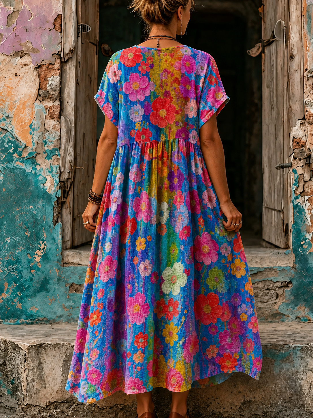 Women's Vacation Linen Boho Floral Print V-Neck Short Sleeve Maxi Dress