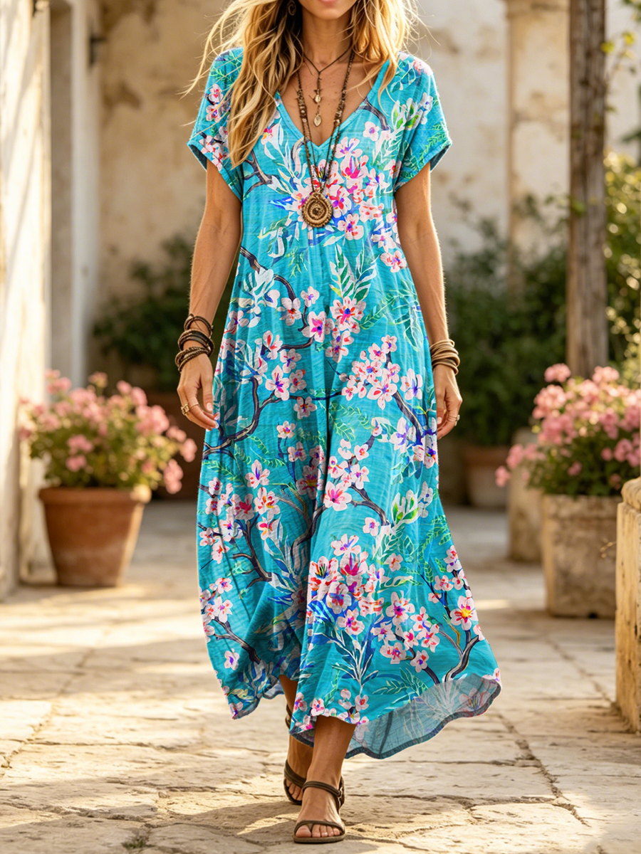 Women's Retro Ethnic Floral Art Print Casual Short-sleeve V-neck Cotton Dress