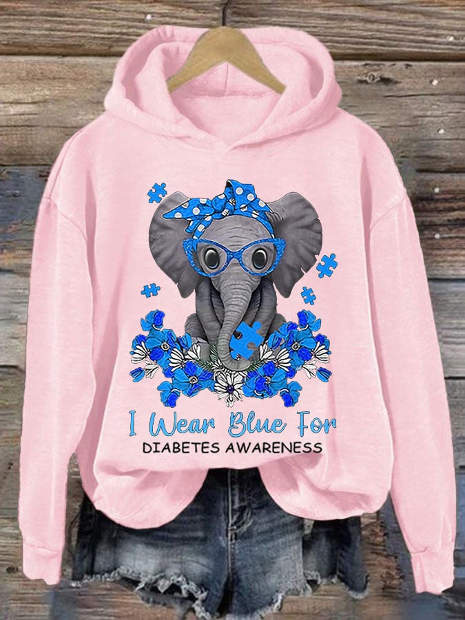 Women'S Retro I Wear Blue For Diabetes Awareness Printed Hoodie