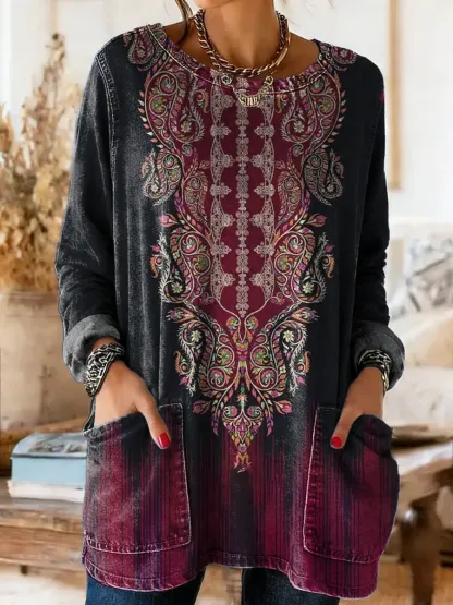 Totem-inspired Vintage Floral Art Print Casual Washed Denim Cotton Top