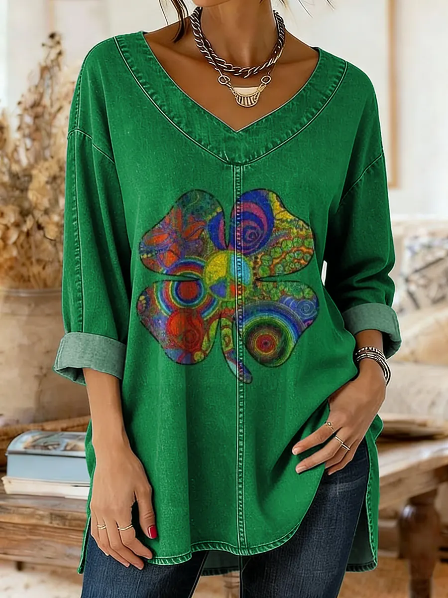 Women's Vintage Hippie Four-leaf Clover Art Print Casual Washed Denim Cotton Top