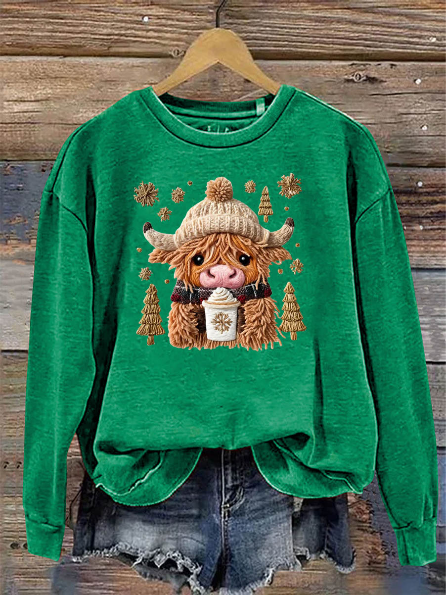 Women's Christmas Cow Knitting Crochet Pattern Neck Sweatshirt