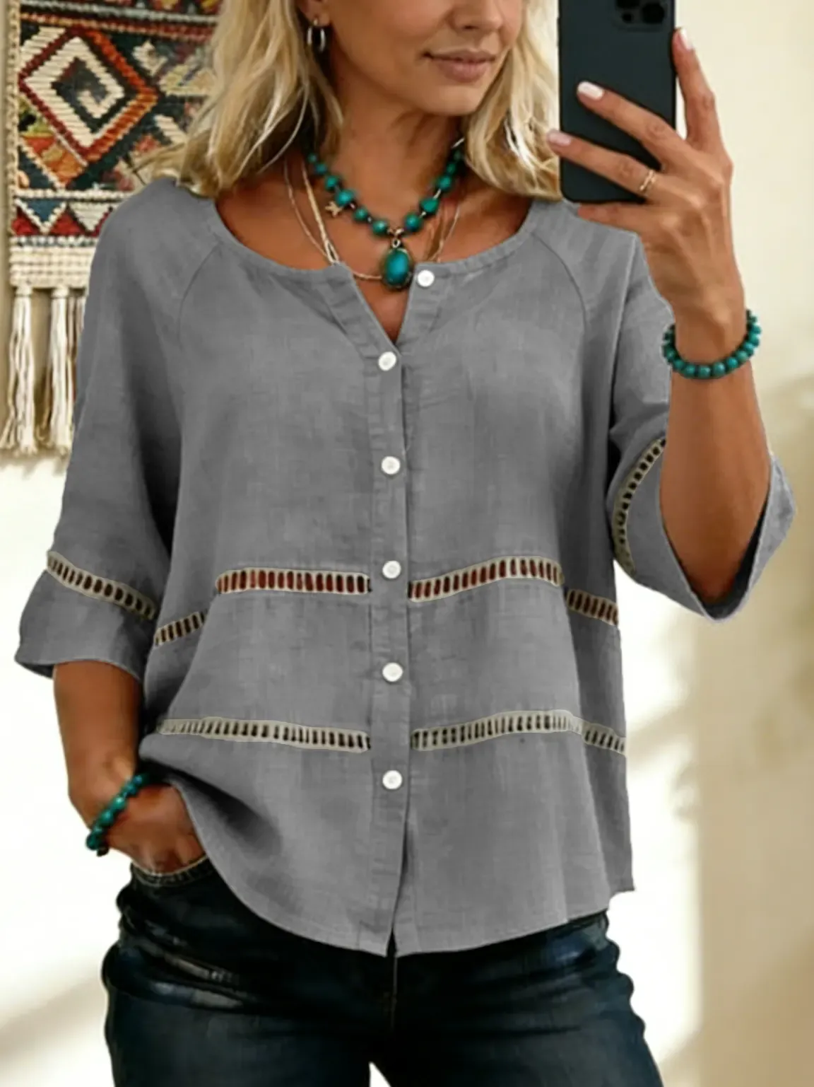 Women's Tie-front Button-up Cotton-linen Blend Short-sleeve Shirt