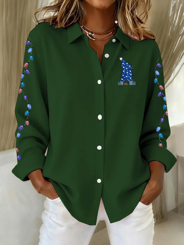 Women's Casual Christmas Print Lapel Long Sleeve Shirt