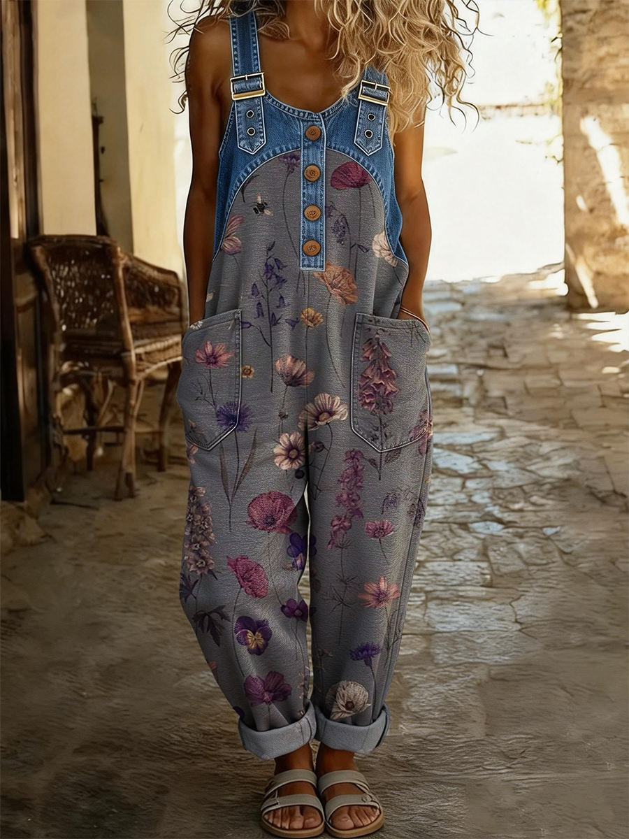Women's Retro Floral Art Print Casual Denim Patchwork Jumpsuit