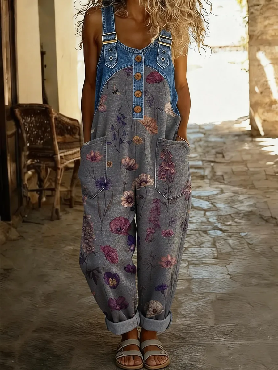 Women's Retro Floral Art Print Casual Denim Patchwork Jumpsuit