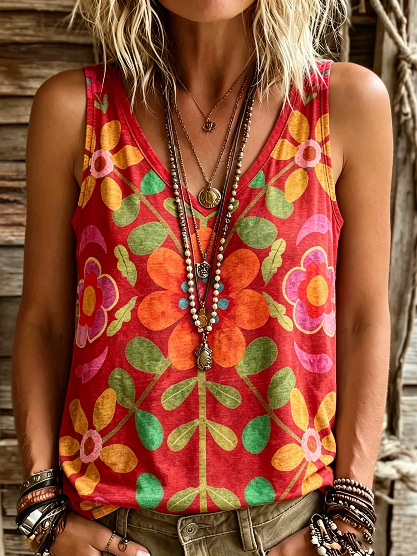 Women's Retro Ethnic Floral Art Print Casual Sleeveless V-neck Cotton Linen Tank