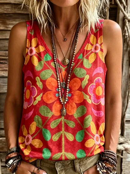 Women's Retro Ethnic Floral Art Print Casual Sleeveless V-neck Cotton Linen Tank