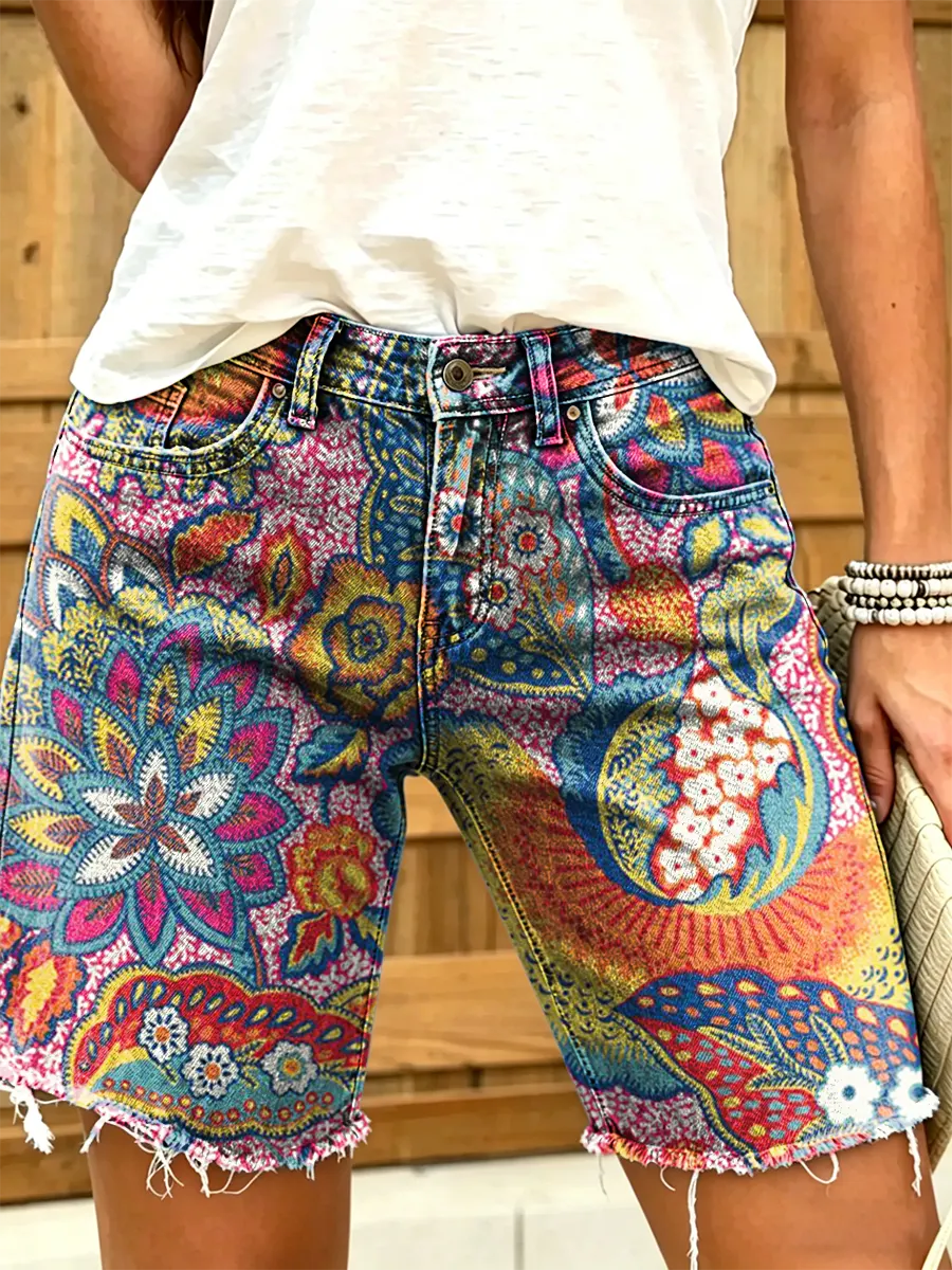 Women's Colorful Ethnic Flowers Print Denim Bermuda Shorts