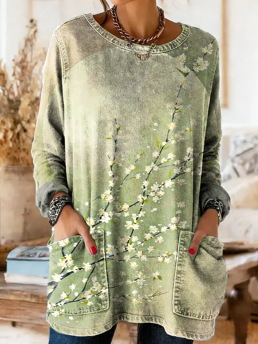 Womens Vintage Ethnic Green Gradient Floral Art Print Casual Round Neck Pocket Denim Shirt