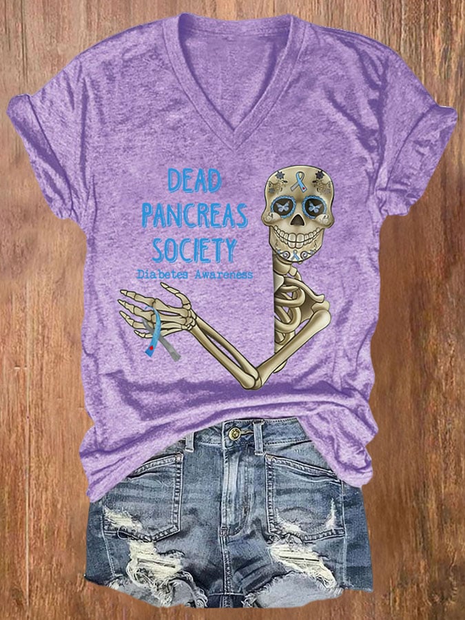 V-neck Diabetes Awareness Dead Pancreas Society Print T-Shirt