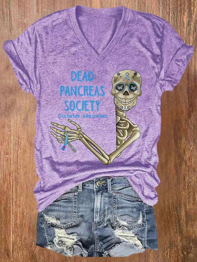 V-neck Diabetes Awareness Dead Pancreas Society Print T-Shirt