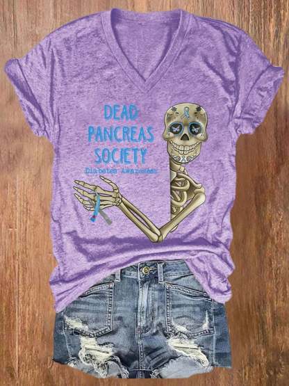 V-neck Diabetes Awareness Dead Pancreas Society Print T-Shirt