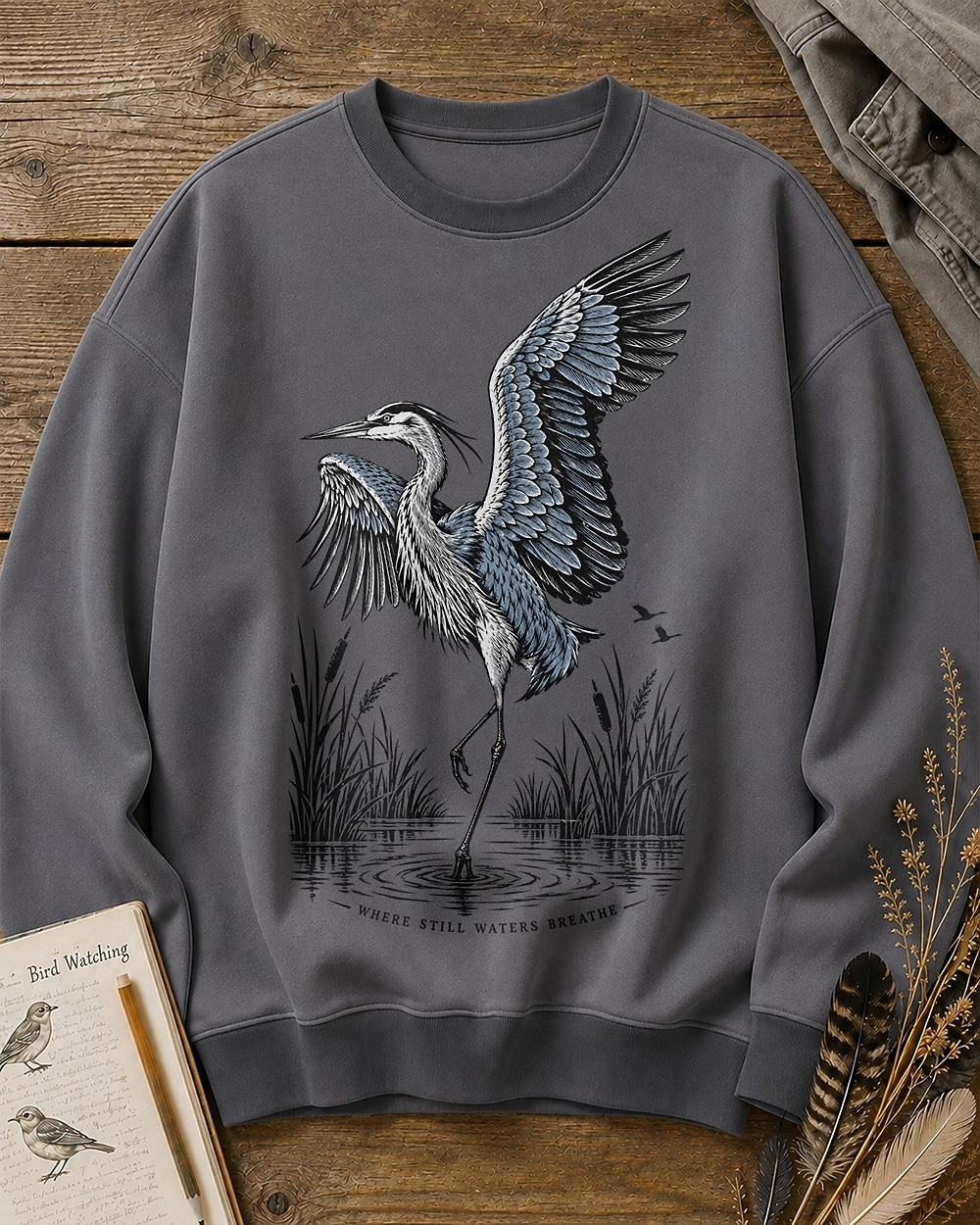 Great Blue Heron Water Reflection Wetland Bird Watching Sweatshirt 2026 - $56.99 –P6