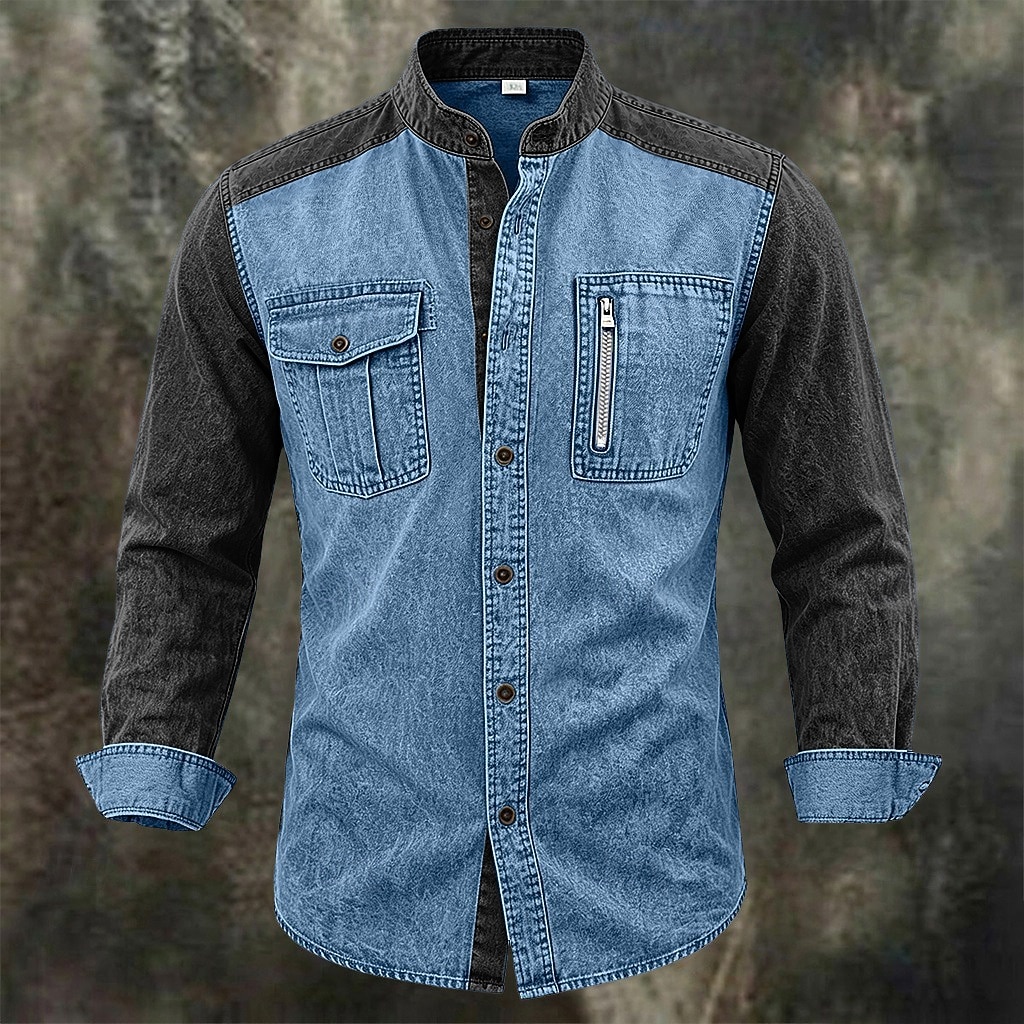 Men Shirt Garment Dyed Acid Wash Shirt Blue Wine Green khaki Long Sleeve Plain Mandarin Collar Casual Daily Pocket Clothing Apparel Elegant Vintage Fashion Casual 2026 - $35.99 –P1