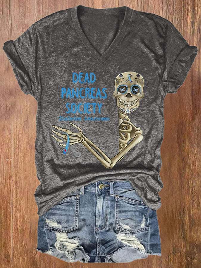 V-neck Diabetes Awareness Dead Pancreas Society Print T-Shirt