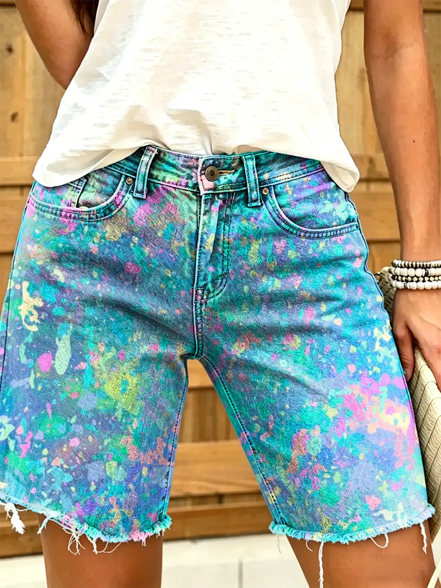 Women's Colorful Style Pattern Art Print Frayed Denim Bermuda Shorts