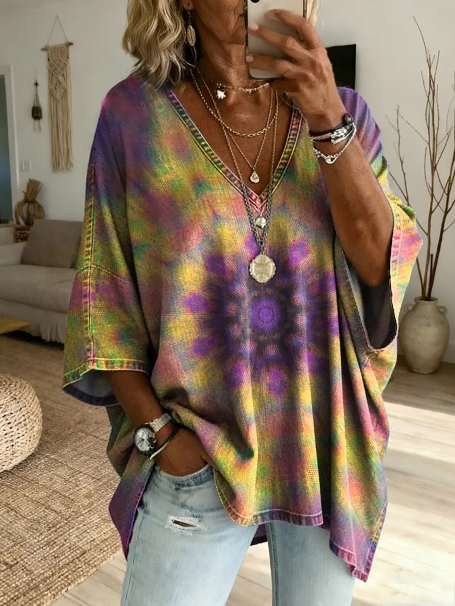 Ethnicity Kaleidoscope Gradation Women's Art Print Casual Washed Cotton Denim Top