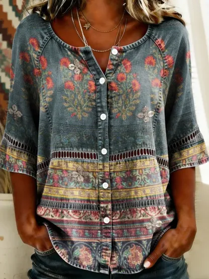 Women's Ethnic Floral Print Round Neck 3/4 Sleeve Lace Cutout Shirt
