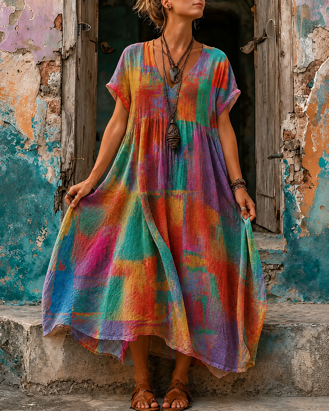 Women's Vacation Linen Boho Floral Print V-Neck Short Sleeve Maxi Dress